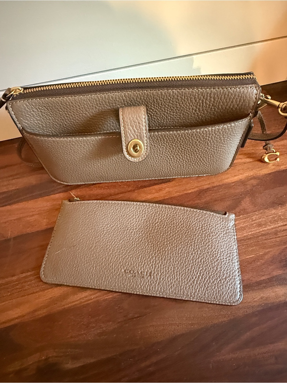Coach Taupe Gray Pebbled Leather Crossbody Wallet with Gold Hardware - Picture 6 of 6